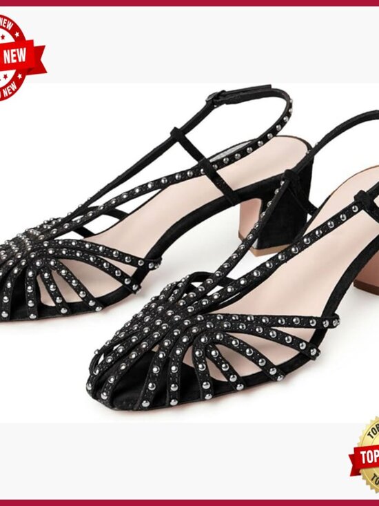Shoes - Studded Slingback Heels, Caged Toe Block Heel Sandals, Summer Casual Dress Shoes
